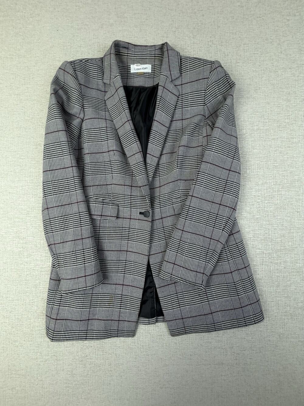 Calvin Klein Women’s Size 16 Glen Plaid One Button Blazer Black White Burgundy